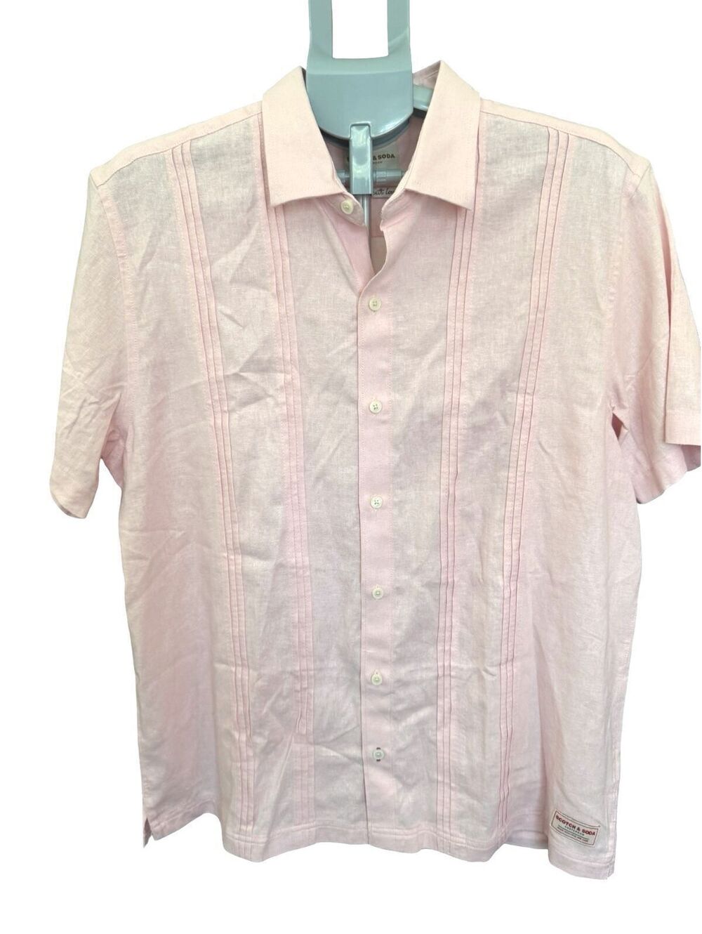 Scotch & Soda Men’s Large Pink Linen Blend Short Sleeve Pintuck Guayabera Shirt
